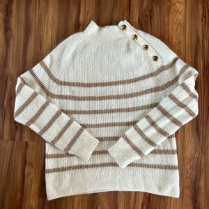 Sezane Cream & Tan Striped Button-Shoulder Turtleneck Sweater